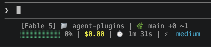 Custom status line showing model, directory, git branch, context usage, cost, and effort level